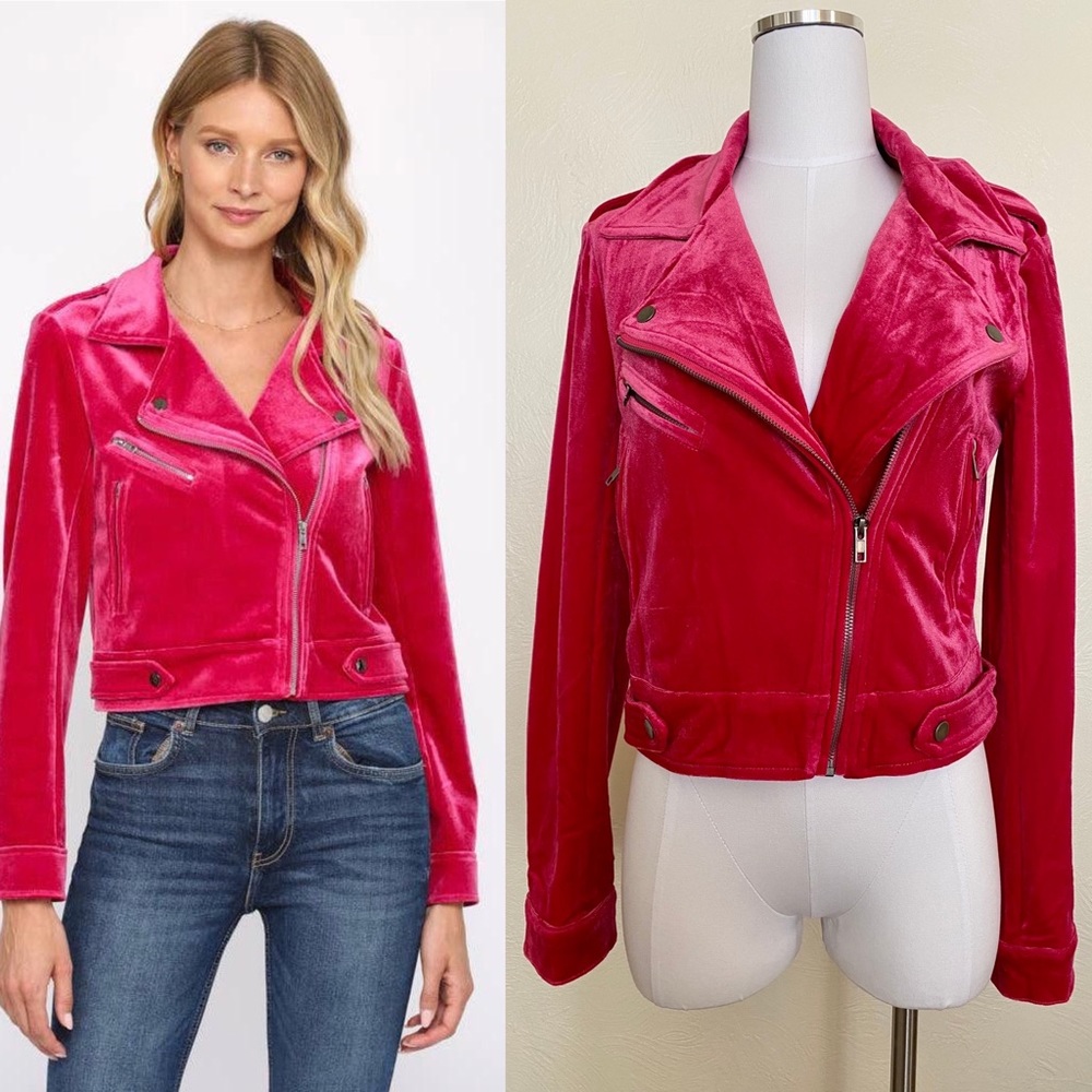 NWT Fate Tiff Magenta Velvet Moto Jacket, Medium - Picture 3 of 7